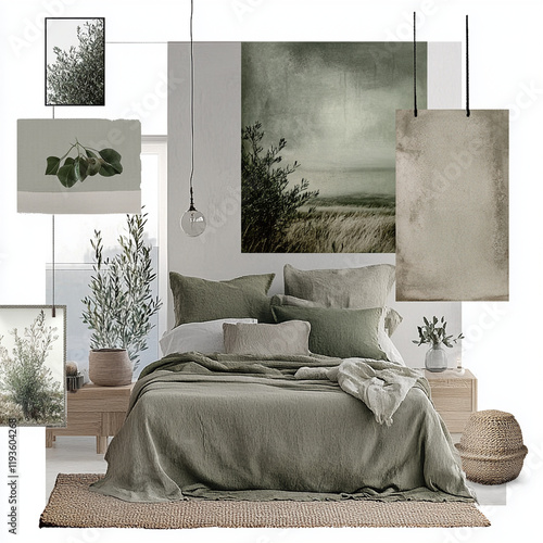 mood board of serene bedroom featuring calming green color palette, natural textures, and botanical elements. decor includes artwork, plants, and soft textiles, creating tranquil atmosphere