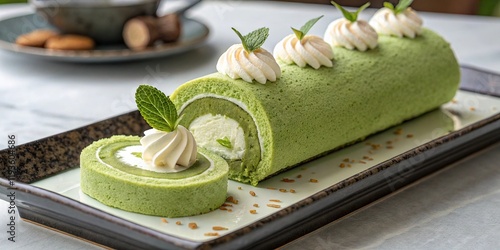 Matcha Green Tea Roll Cake with White Cream Filling