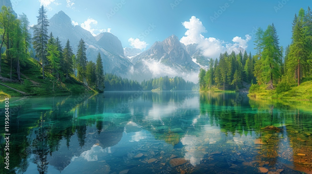 Fototapeta premium green pine trees near lake during daytime