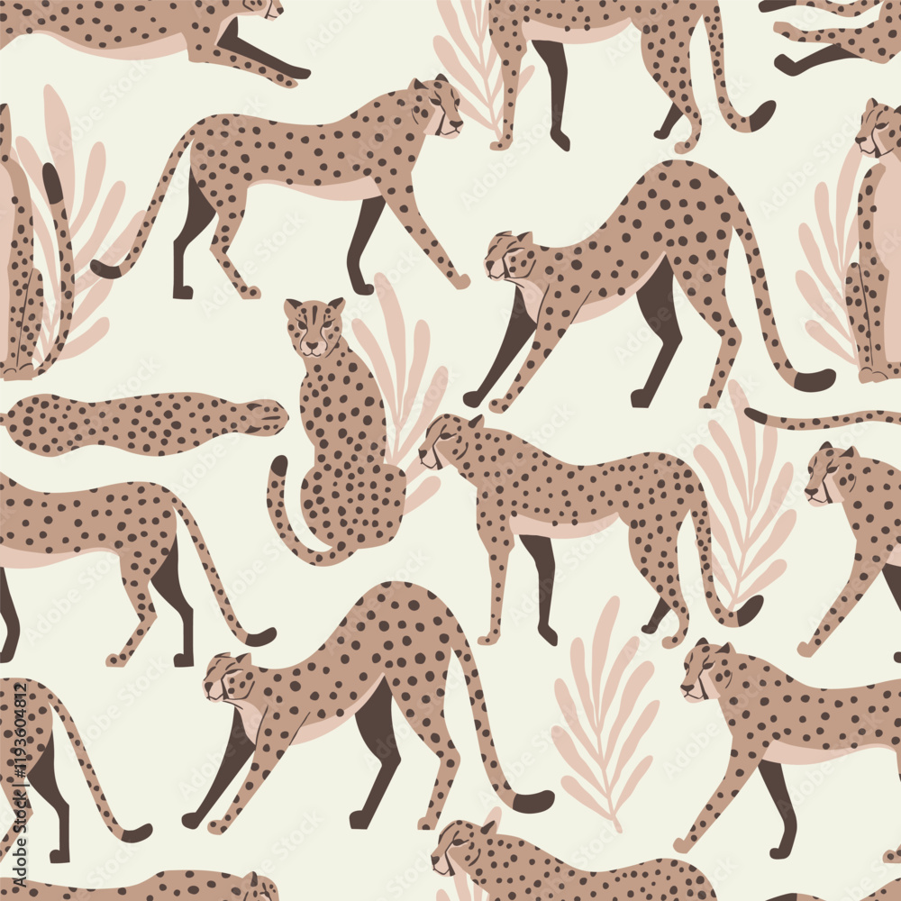 Cheetah big cat exotic seamless pattern - Mocha Mousse - tropical plants - hand drawn vector illustration Cheetah big cat exotic seamless pattern - Mocha Mousse - tropical plants - hand drawn vector illustration