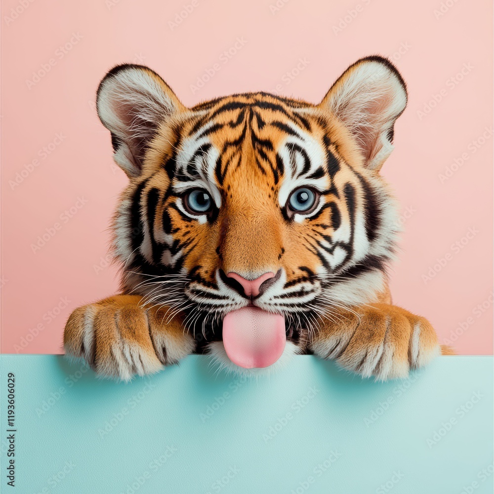 Obraz premium cute tiger cub with its tongue out peeks over pastel colored edge