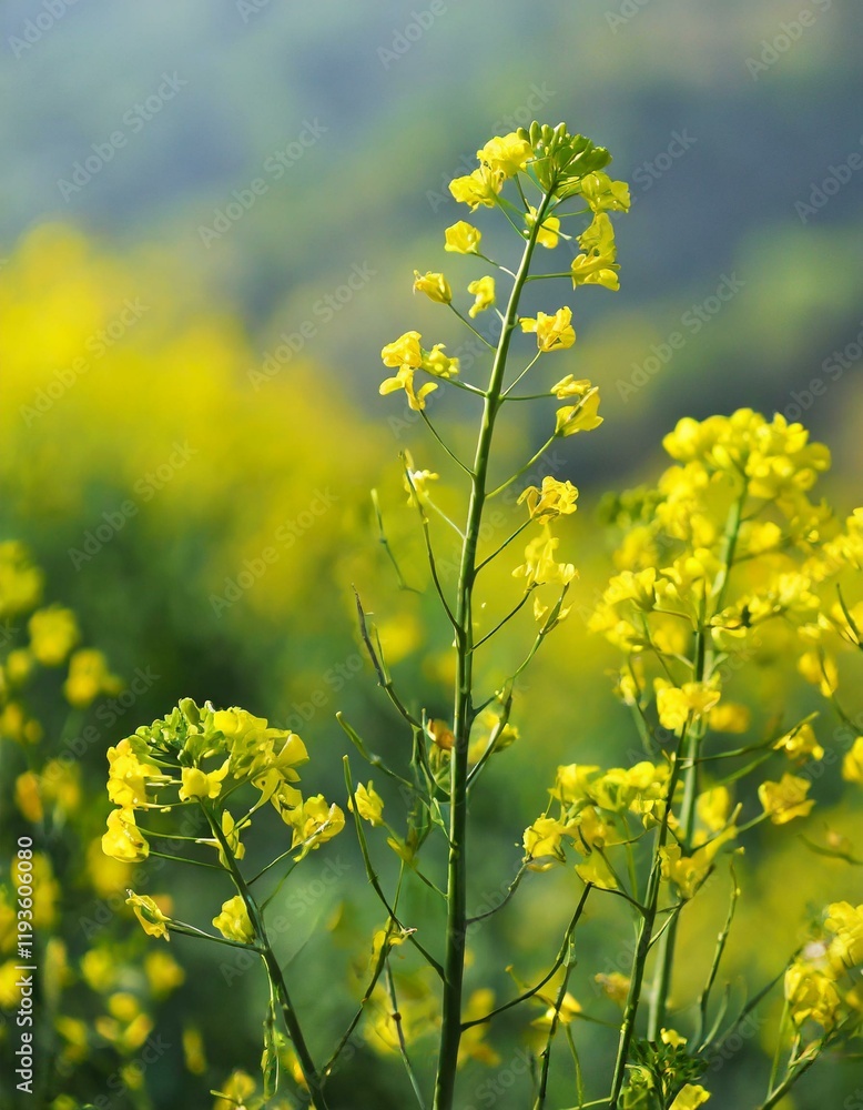 Fototapeta premium yellow mustard flowers, field of mustard flowers, mustard, blossoms of oilseed, green yellow plants, yellow blossoms, blurred background