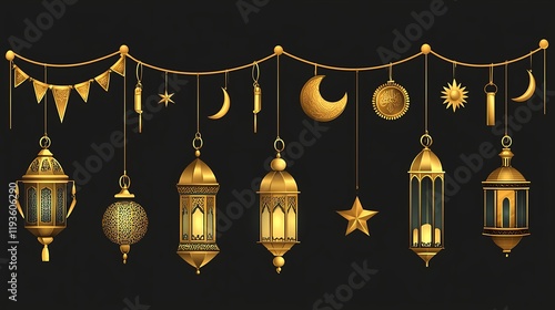 Arabic traditional Ramadan Kareem eastern lanterns garland. Muslim ornamental hanging golden lanterns, stars and moon vector illustration set. Islamic oriental garland Arabic traditional Ramadan Karee photo