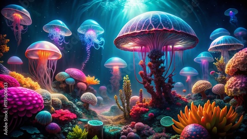 Mesmerizing Underwater Night Scene: Bioluminescent Jellyfish, Colorful Coral Reef, and Mysterious Deep-Sea Creatures photo