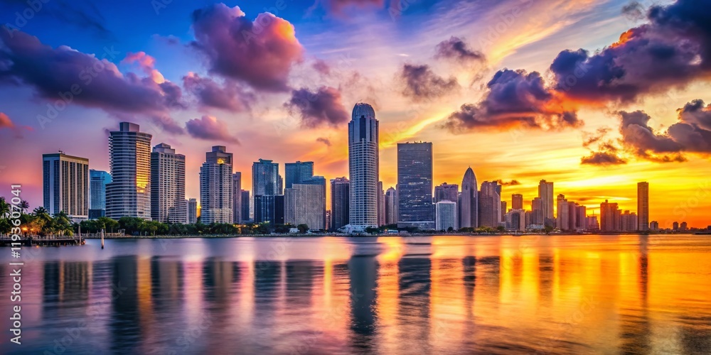 Fototapeta premium Miami Skyline Silhouette: Stunning Cityscape at Dawn - White Background Stock Photo
