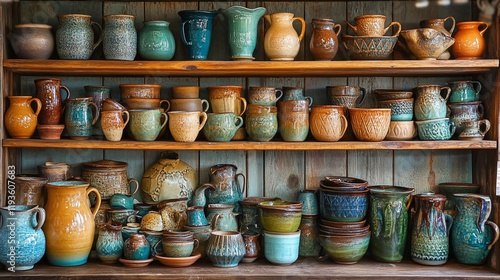 Handcrafted Pottery Collection On Wooden Shelves photo