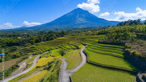 Volcanic Mountain Overlooks Lush Rice Terraces
