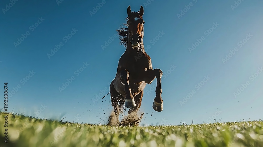 Majestic brown horse galloping across a field, sunny day; equestrian stock photo Majestic brown horse galloping across a field, sunny day; equestrian stock photo
