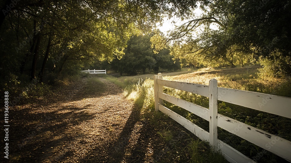Sunlit Pathway Winding Through Wooded Area Beside White Fence Sunlit Pathway Winding Through Wooded Area Beside White Fence