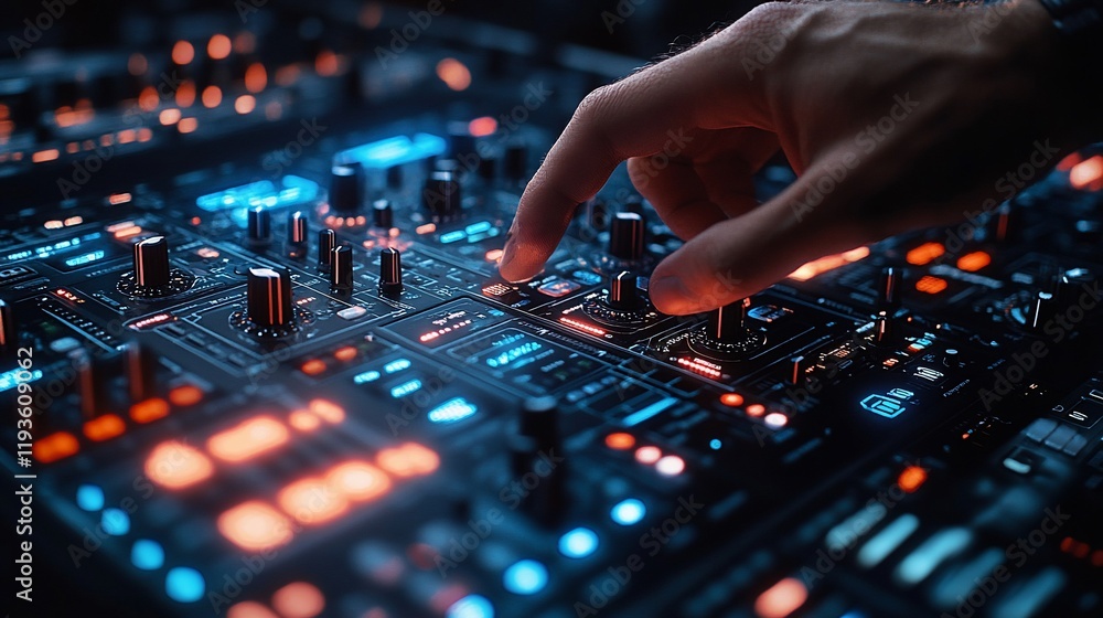 A Hand Adjusting Knobs on a Futuristic Mixing Console A Hand Adjusting Knobs on a Futuristic Mixing Console