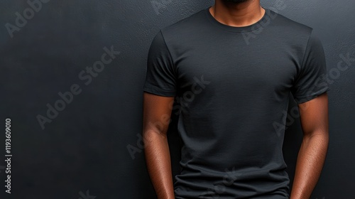 A man in a plain black t-shirt poses confidently against a dark background, showcasing casual style