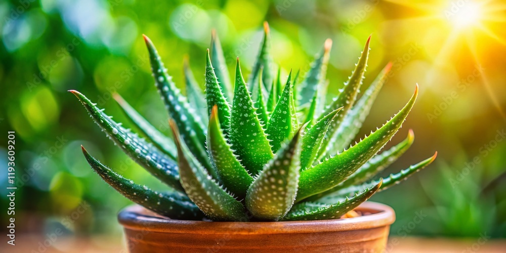 Obraz premium Miniature Aloe Vera Plant in Pot, Tilt-Shift Photography