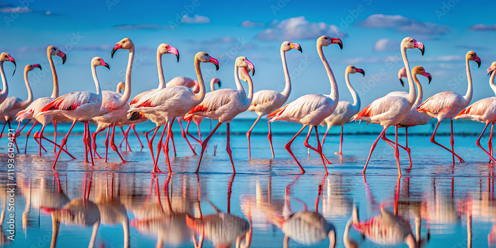 Obraz premium A flock of vibrant flamingos stands gracefully in shallow waters, their reflections shimmering on the surface as the sun sets, creating a picturesque scene in nature's beauty