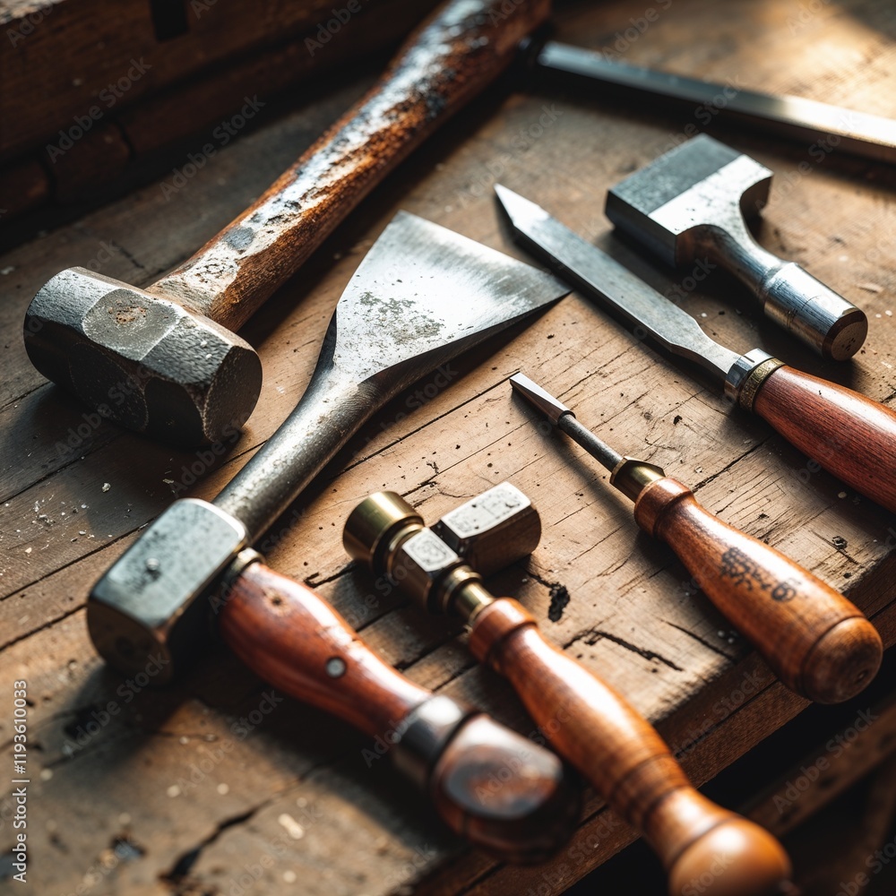 A vibrant flat lay of old hand tools: a hammer, chisel, and wooden-handled screwdrivers on a workbench A vibrant flat lay of old hand tools: a hammer, chisel, and wooden-handled screwdrivers on a workbench