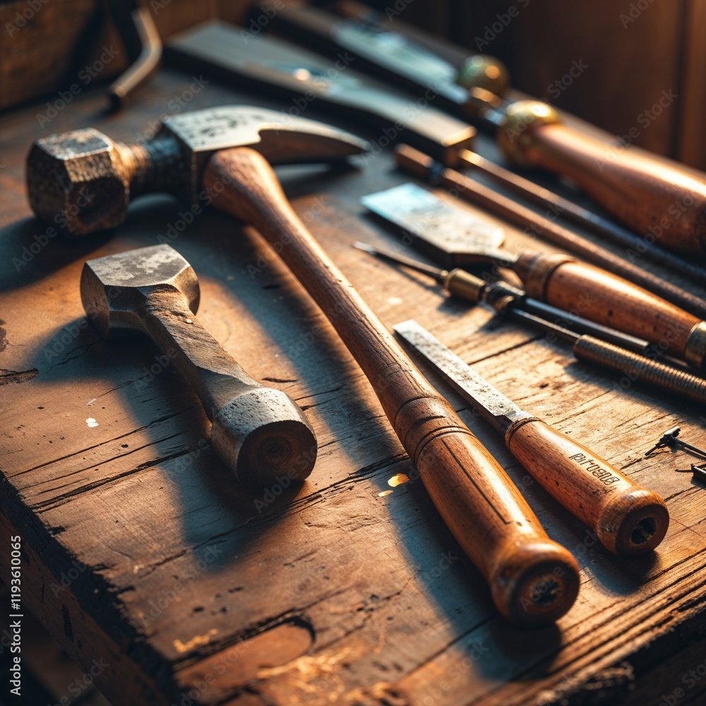 Obraz premium A vibrant flat lay of old hand tools: a hammer, chisel, and wooden-handled screwdrivers on a workbench