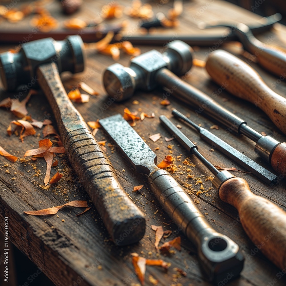 A vibrant flat lay of old hand tools: a hammer, chisel, and wooden-handled screwdrivers on a workbench A vibrant flat lay of old hand tools: a hammer, chisel, and wooden-handled screwdrivers on a workbench