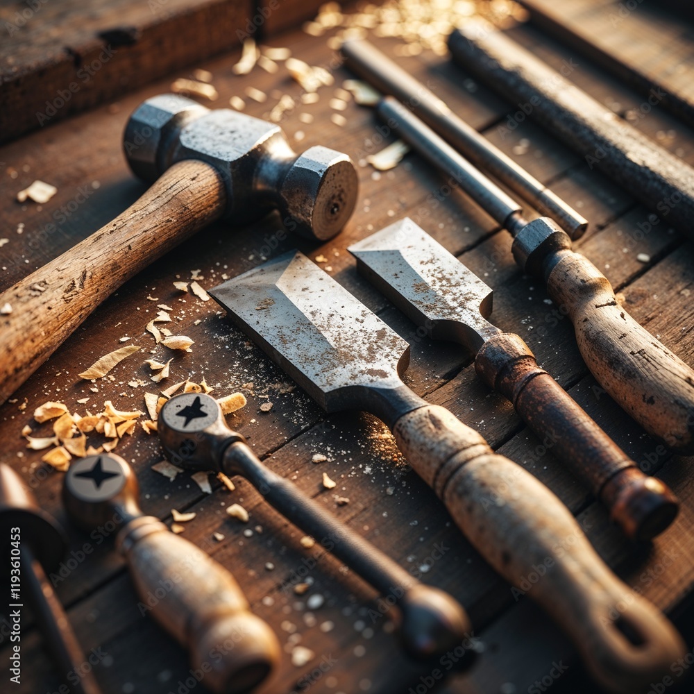 A vibrant flat lay of old hand tools: a hammer, chisel, and wooden-handled screwdrivers on a workbench A vibrant flat lay of old hand tools: a hammer, chisel, and wooden-handled screwdrivers on a workbench