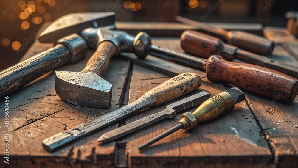 A vibrant flat lay of old hand tools: a hammer, chisel, and wooden-handled screwdrivers on a workbench A vibrant flat lay of old hand tools: a hammer, chisel, and wooden-handled screwdrivers on a workbench
