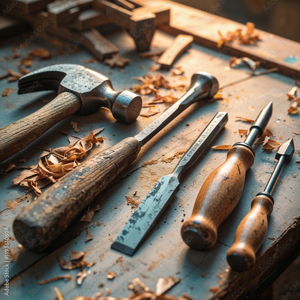 A vibrant flat lay of old hand tools: a hammer, chisel, and wooden-handled screwdrivers on a workbench A vibrant flat lay of old hand tools: a hammer, chisel, and wooden-handled screwdrivers on a workbench