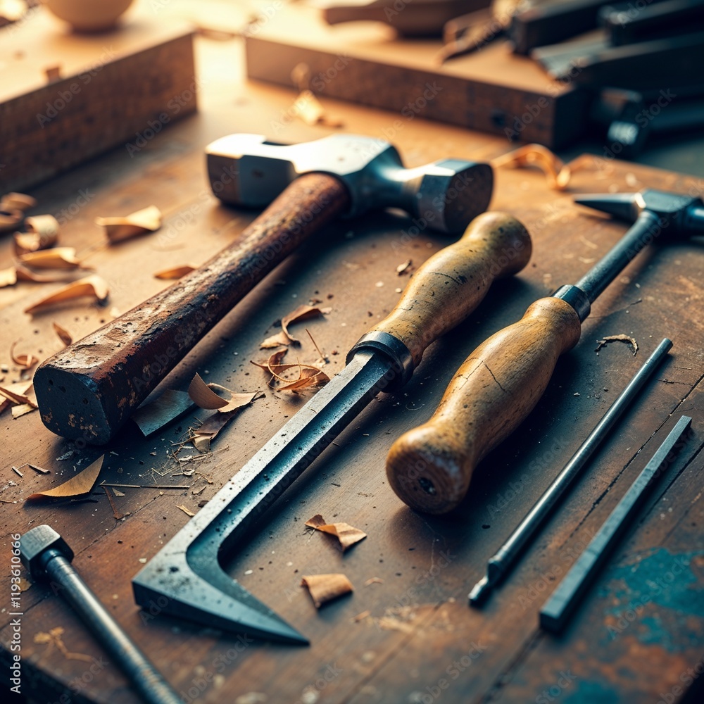 A vibrant flat lay of old hand tools: a hammer, chisel, and wooden-handled screwdrivers on a workbench A vibrant flat lay of old hand tools: a hammer, chisel, and wooden-handled screwdrivers on a workbench