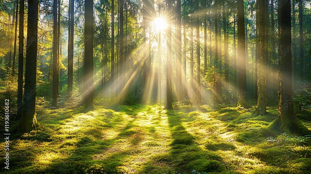 Naklejka premium Sunbeams Illuminate Mossy Forest Floor Through Tall Trees