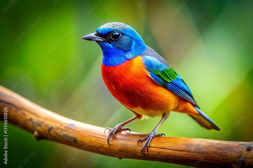 Miniature Colorful Bird with Blue Beak, Tilt-Shift Photography Miniature Colorful Bird with Blue Beak, Tilt-Shift Photography