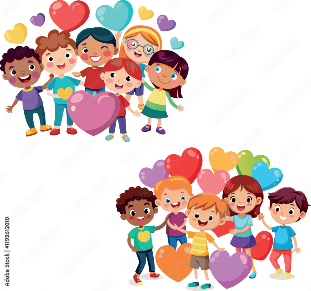 Happy children holding hands and celebrating with heart balloons Happy children holding hands and celebrating with heart balloons
