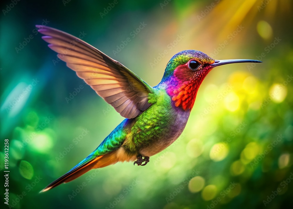 Fototapeta premium Miniature Hummingbird in Flight over Lush Green Forest - Tilt-Shift Photography