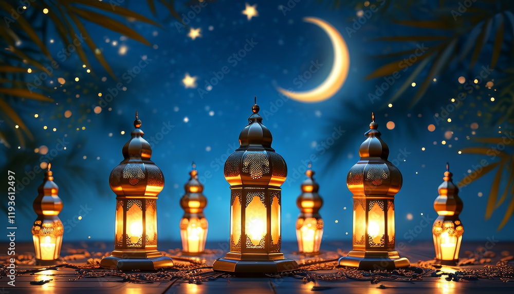 Ramadan product display podium background, Lantern-lit Ramadan theme, elegant brass lanterns, emitting soft, warm light, crescent moons and stars in a deep blue night sky, ad, podium platform Ramadan product display podium background, Lantern-lit Ramadan theme, elegant brass lanterns, emitting soft, warm light, crescent moons and stars in a deep blue night sky, ad, podium platform