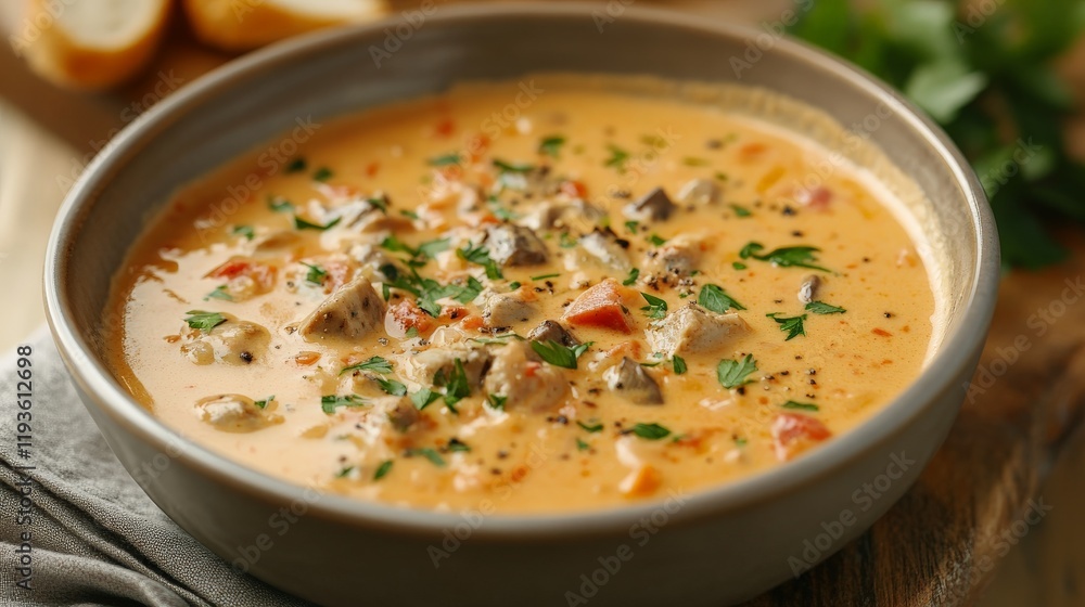 Creamy mushroom soup with fresh herbs and vegetables in a bowl Creamy mushroom soup with fresh herbs and vegetables in a bowl