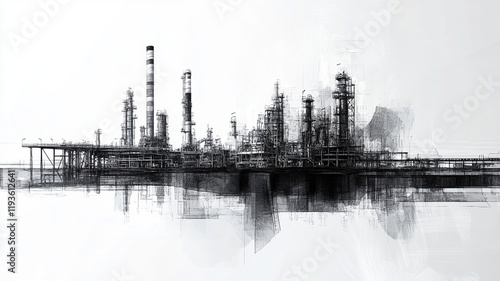 Industrial oil and gas facility in line art style, showcasing complex structures and pipelines. monochrome design emphasizes intricate details of industry