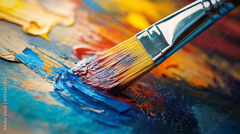 Fototapeta premium Paintbrush Applying Vibrant Colors To Canvas