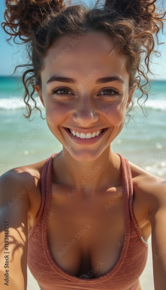A cheerful young woman with curly hair smiles brightly at the camera, standing on a sunlit beach. The sparkling ocean waves and clear blue sky create a vibrant backdrop, enhancing the joyful A cheerful young woman with curly hair smiles brightly at the camera, standing on a sunlit beach. The sparkling ocean waves and clear blue sky create a vibrant backdrop, enhancing the joyful