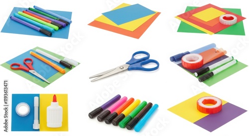 Crafting Supplies Collage with Construction Paper, Markers, Scissors and Glue
