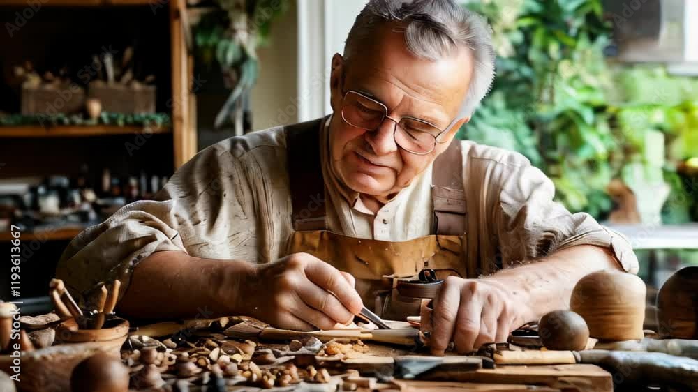 A man is engaged in wood carving in a workshop. A man is engaged in wood carving in a workshop.
