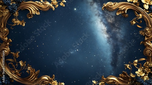 Celestial Night Scene Framed By Ornate Gold Accents
