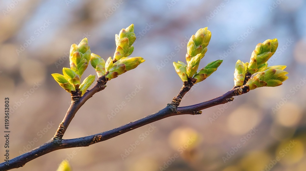 Young Spring Buds Emerging On Branch Young Spring Buds Emerging On Branch