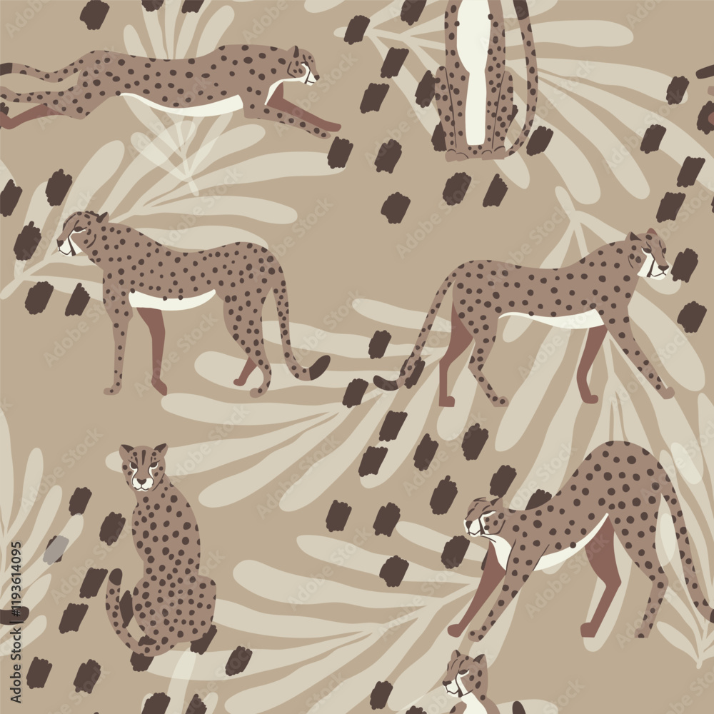 Obraz premium Cheetah big cat exotic seamless pattern - Mocha Mousse - tropical plants - hand drawn vector illustration