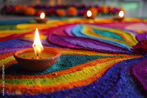 Happy Diwali  Diya oil lamps lit on colorful rangoli with copy space photo