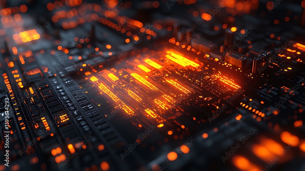 Glowing orange circuits on a dark tech board. Glowing orange circuits on a dark tech board.