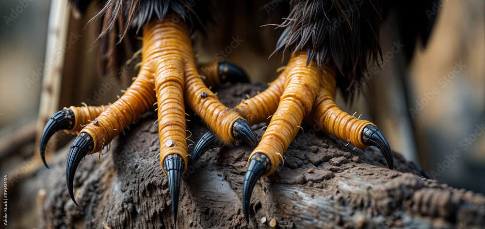 Obraz premium Sharp talons of a powerful raptor securely hold onto a rough, textured branch. The vibrant colors of the bird's feet contrast with the earthy tones of the wood