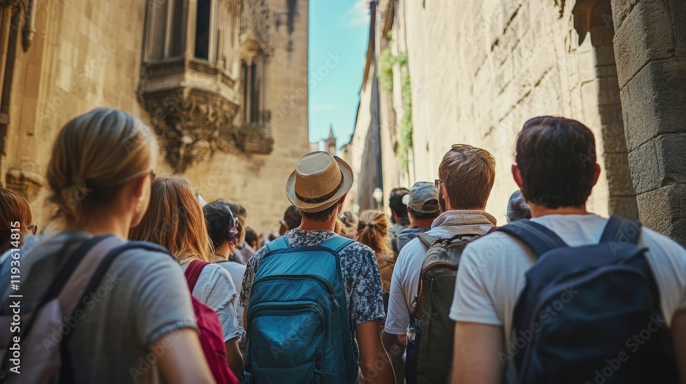 Crowd of diverse young adults exploring historic european street with backpacks Crowd of diverse young adults exploring historic european street with backpacks