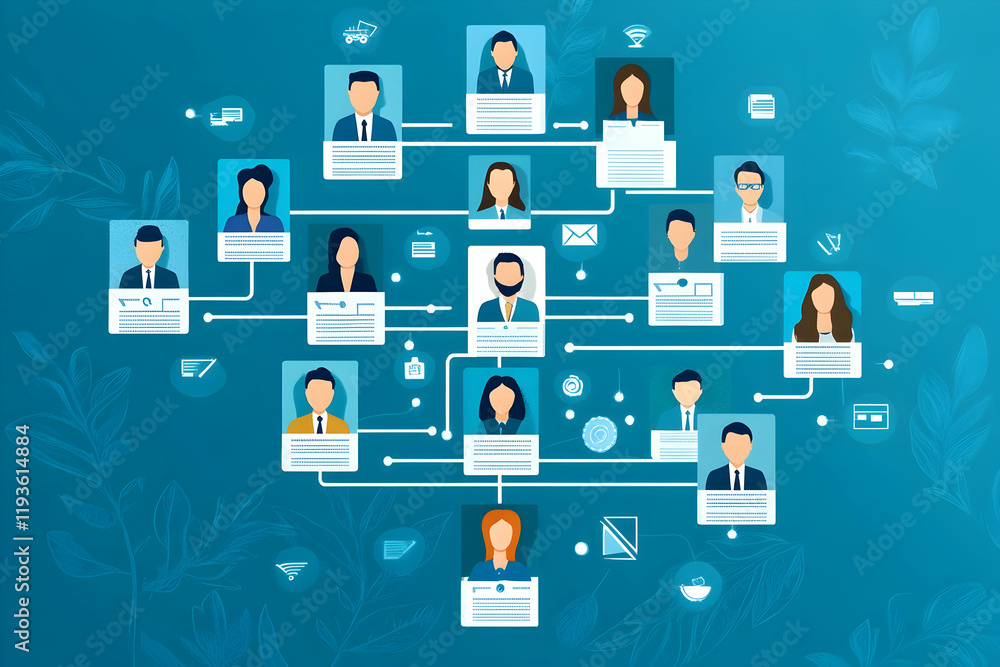 Business organizational chart with hierarchical team structures and workflow automation Business organizational chart with hierarchical team structures and workflow automation