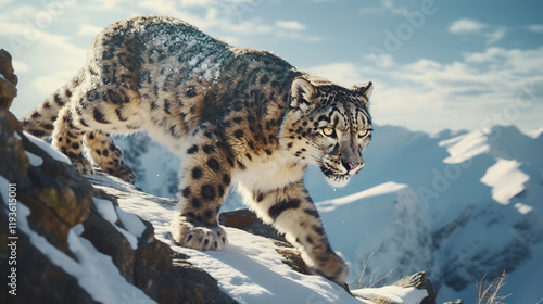 Majestic Snow Leopard on a Snowy Mountain photo