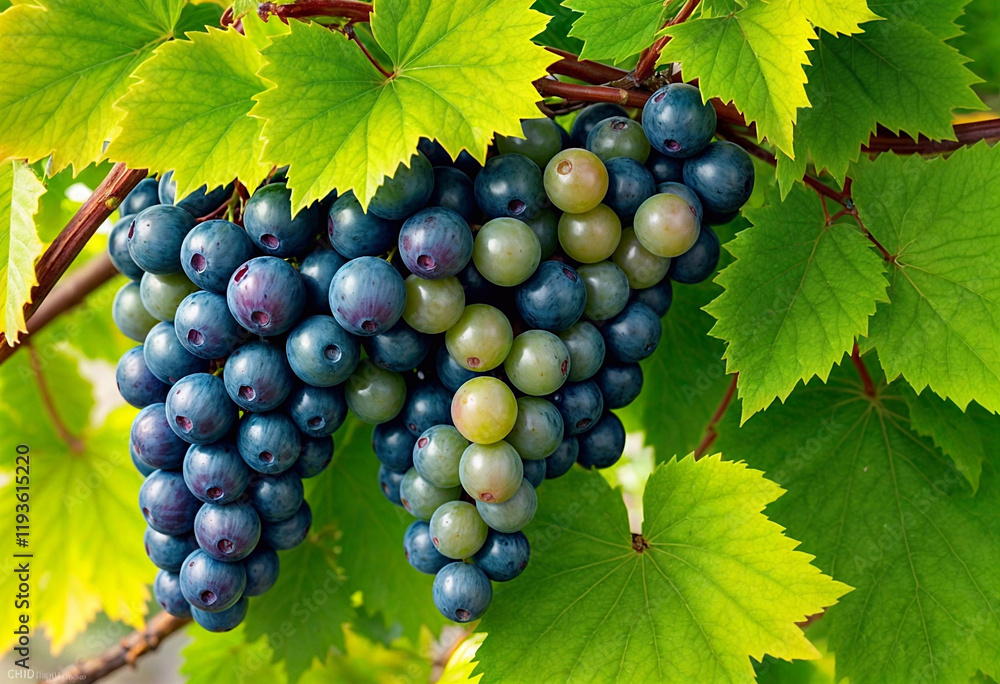 A branch with juicy grapes hanging among green leaves creates a feeling of freshness A branch with juicy grapes hanging among green leaves creates a feeling of freshness