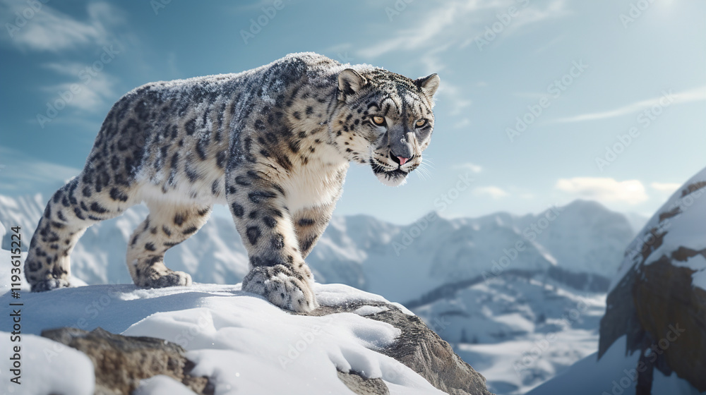 Majestic Snow Leopard on Snowy Mountain Peak Majestic Snow Leopard on Snowy Mountain Peak