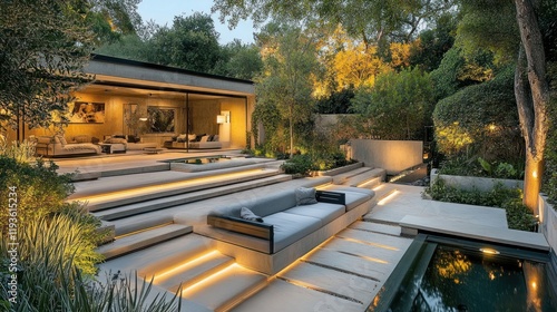 Modern exterior design featuring a layered patio with built-in lighting and garden