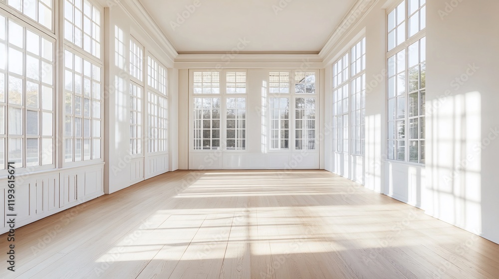 Fototapeta premium Sunlit Empty Room With Large White Windows and Wooden Floor