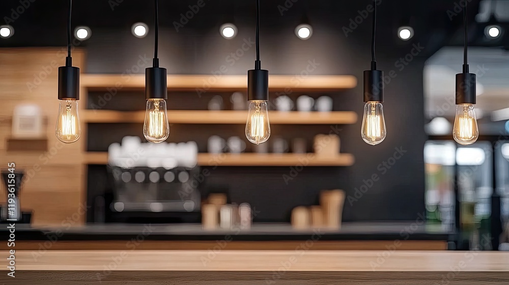 Hanging black Edison bulbs enhance the stylish atmosphere of a modern coffee shop or bar with their vintage charm Hanging black Edison bulbs enhance the stylish atmosphere of a modern coffee shop or bar with their vintage charm