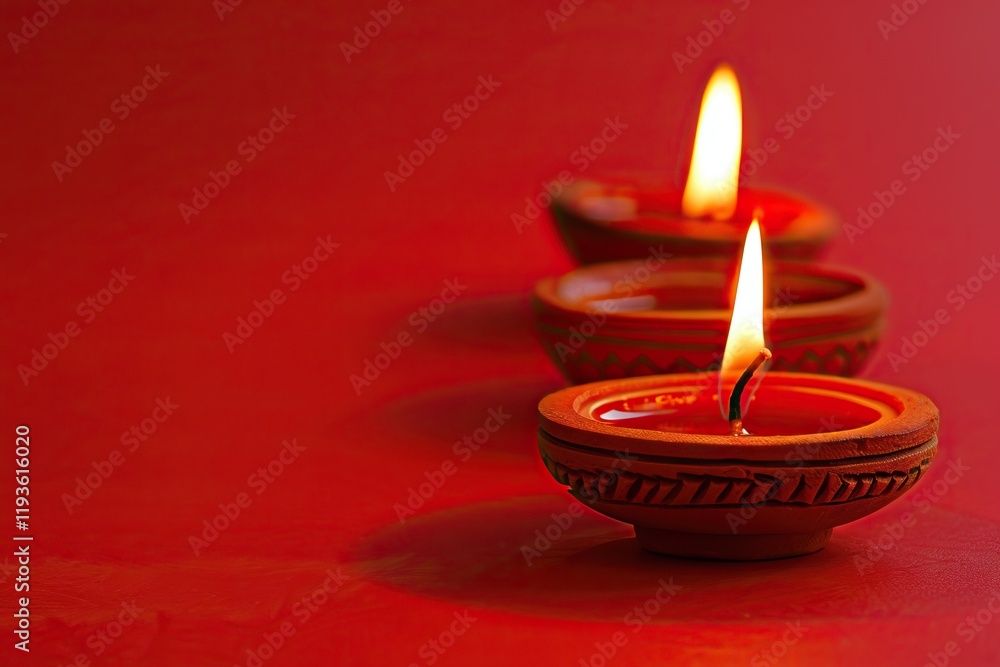 Celebrating Diwali with Clay Diya Lamps on Red Background Celebrating Diwali with Clay Diya Lamps on Red Background